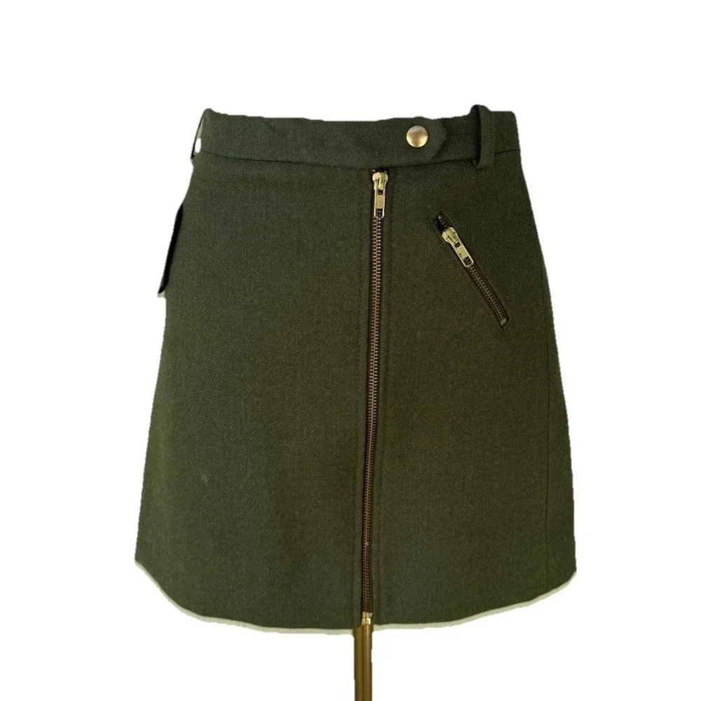 J.Crew Olive Green Wool Mini Skirt Zip Front A-Line Gold Hardware 03339 Size 2